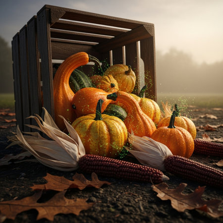 Autumn still life with pumpkins and corn in wooden box.の素材