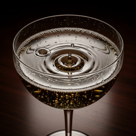 Glass of white wine with a drop of water on a dark backgroundの素材
