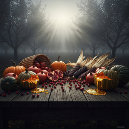 Halloween background with pumpkins and corn on wooden table in the forestの素材