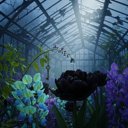 3D render of a greenhouse with blue and purple iris flowersの素材