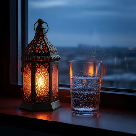 Ramadan Kareem background. Ramadan lanterns and water on the windowの素材