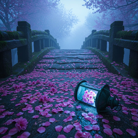Old lantern on the stone path with pink flower petals in the fogの素材
