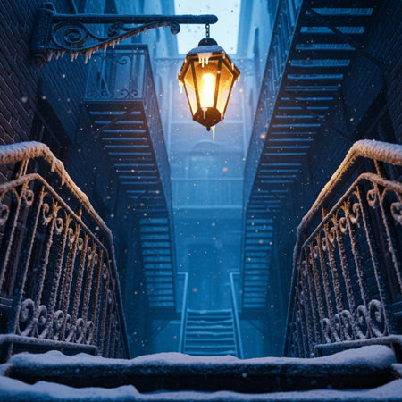 Street lamp on the background of a snowy street in New York Cityの素材