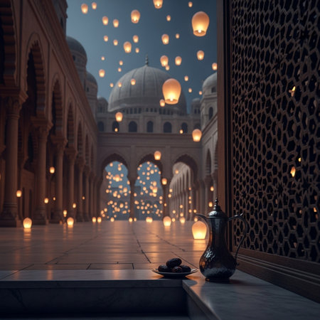 Ramadan Kareem background with lanterns and mosque in the backgroundの素材