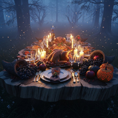 Thanksgiving dinner in the forest at night. Festive table with turkey, apples, pumpkins and candles.の素材
