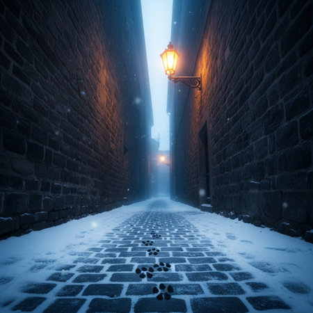 Snowy street at night in the old town of Tallinn, Estoniaの素材