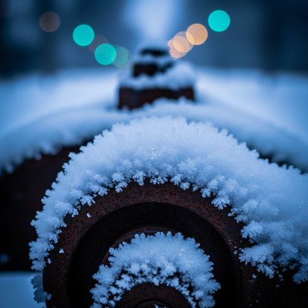 Snow on the fence at night. Winter landscape. Selective focus.の素材