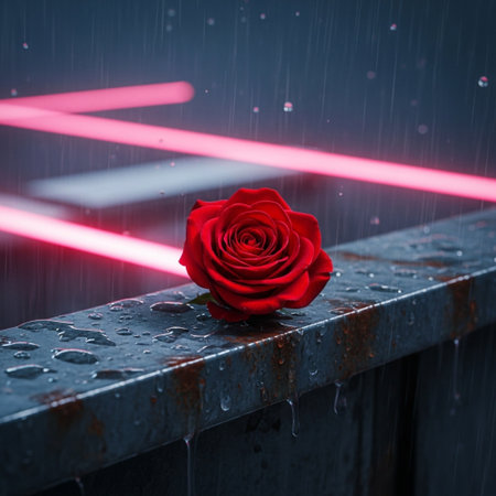 Red rose on a bridge with rain drops. Rainy day.の素材