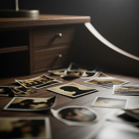 A closeup shot of a set of vintage photo frames on a wooden tableの素材