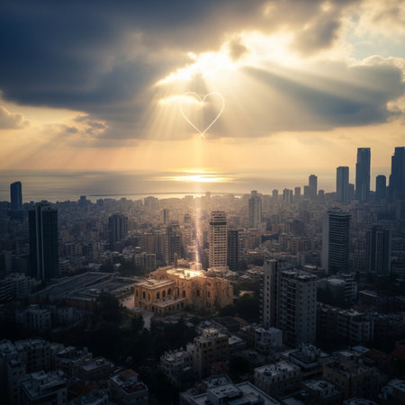 Aerial view of the heart shaped church in the city at sunsetの素材
