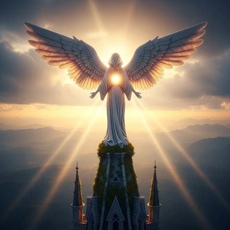 Jesus Christ statue on the top of the mountain with rays of lightの素材