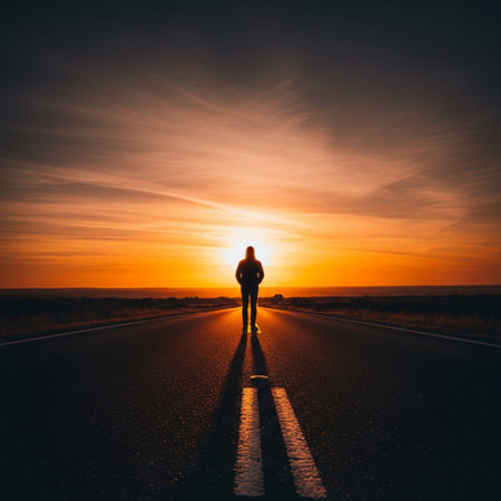 Silhouette of a man standing on the road at sunset.の素材
