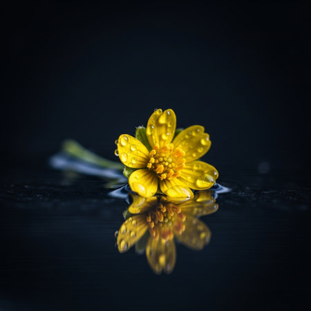 Yellow flower on a black background with water drops. Shallow depth of fieldの素材