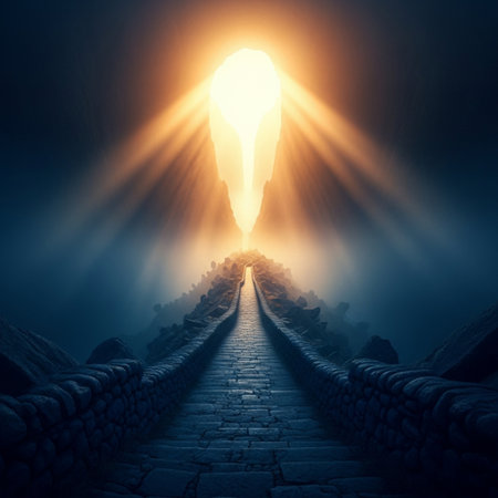 Mysterious stone path leading to bright light. 3D renderingの素材