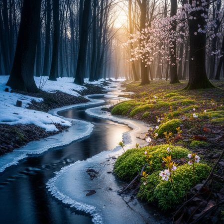 Cherry blossoms in the forest at sunset. Winter landscape.の素材