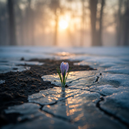 Beautiful crocus flower in the snow. Early spring landscape.の素材