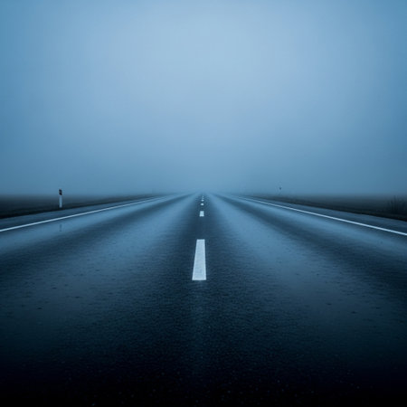 Empty asphalt road in the fog. Conceptual image for travel, transportation and nature.の素材