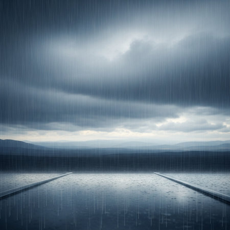 Rainy day with lake and mountains in the background. 3d renderingの素材