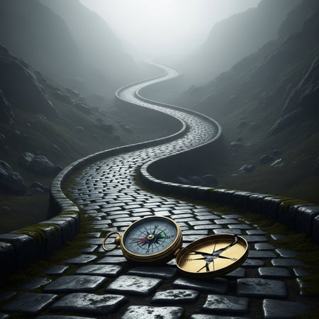 Conceptual image of a road in the mountains with a compassの素材