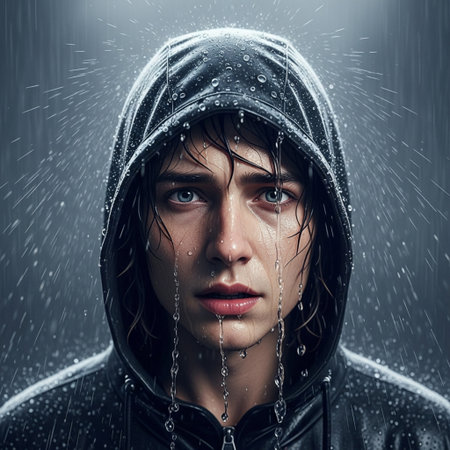 Portrait of a young man in a raincoat on a dark background.の素材