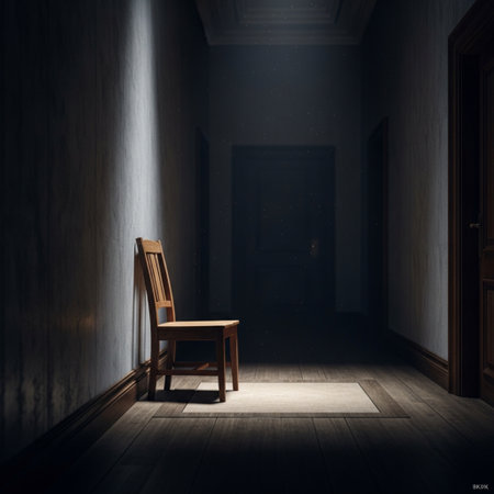 A wooden chair in an empty room with a dark wall. 3D rendering.の素材