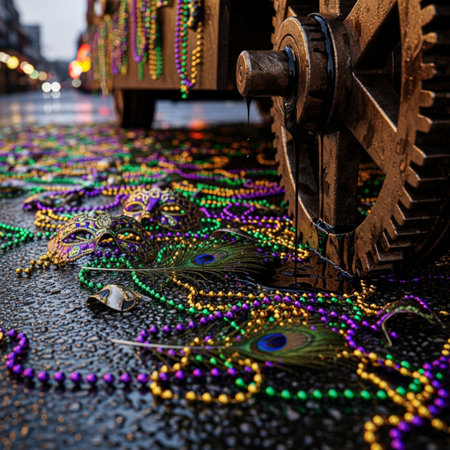 Mardi Gras background with colorful beads, feathers and gear wheelの素材