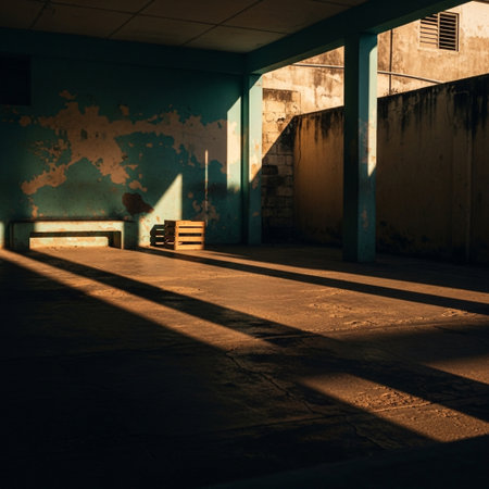 Interior of an abandoned factory building with a bench in the sunlightの素材