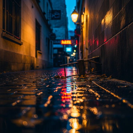 Rainy day in Paris, France. Rainy street at night.の素材