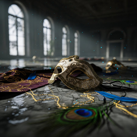 Carnival mask with feathers and beads on wooden table in dark roomの素材