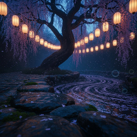 Fantasy landscape with a tree and lanterns in the park.の素材