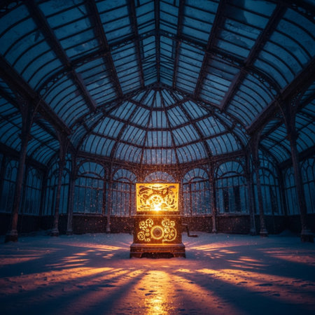 Vintage interior of an old greenhouse in winter with a lantern.の素材