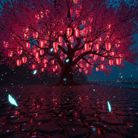 Lanterns hanging from a tree at night, 3d renderingの素材