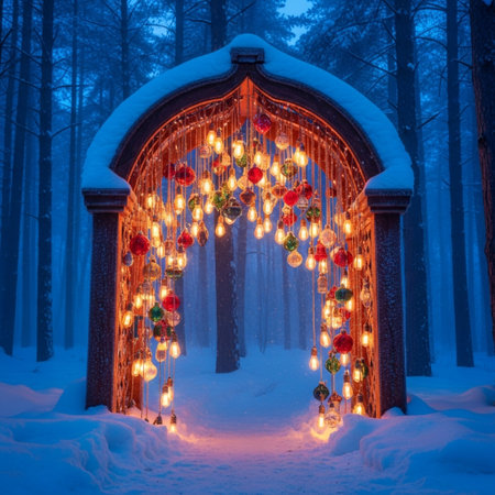 Wooden gate decorated with colorful lanterns in winter forest at nightの素材