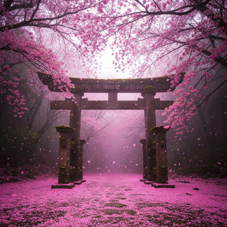 Mysterious Japanese gate with cherry blossoms and foggy backgroundの素材