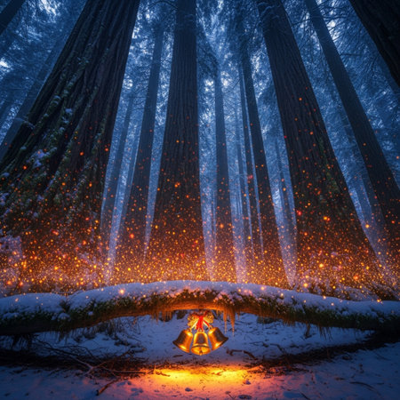 Magic winter forest with red trees and lanterns. Magical atmosphere.の素材