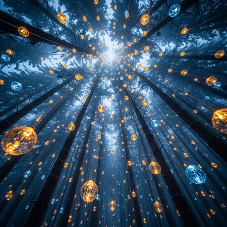 Beautiful Christmas tree in the forest with glowing garland. Toned.の素材