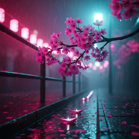 Cherry blossoms in the rain. Japanese cherry blossom.の素材
