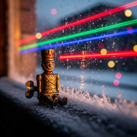 Wooden doll on snow with colorful bokeh lights background.の素材