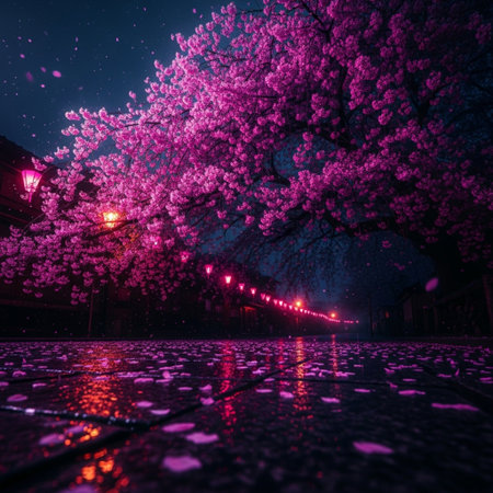 Cherry blossoms in full bloom in the city at night.の素材