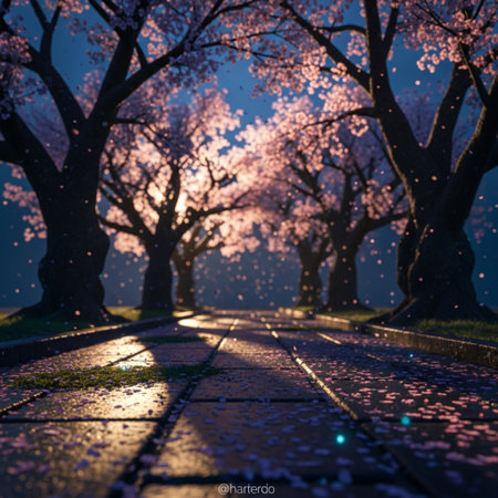 cherry blossom tree alley in the park at night, Sakura seasonの素材