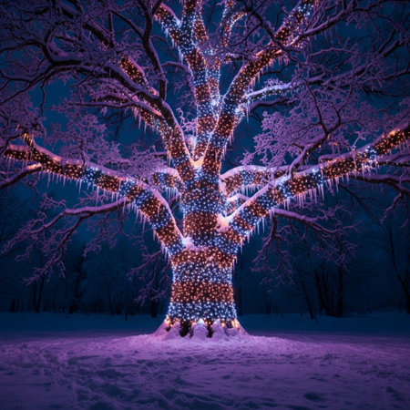 Christmas tree made of led bulbs in the winter forest. Blue background.の素材