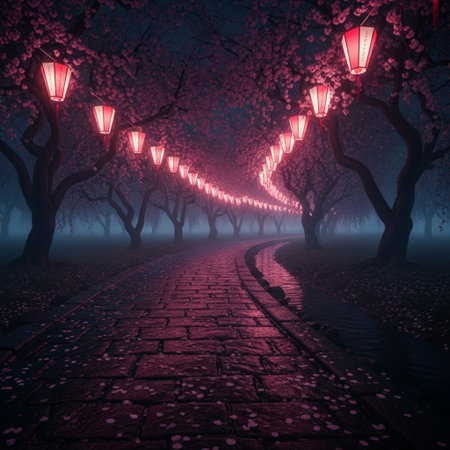 Foggy alley in the park with lanterns, 3D renderingの素材