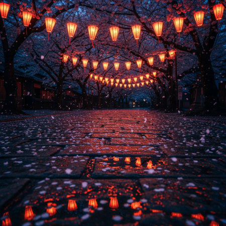 Red lanterns in the park at night with falling snow. Beautiful background.の素材