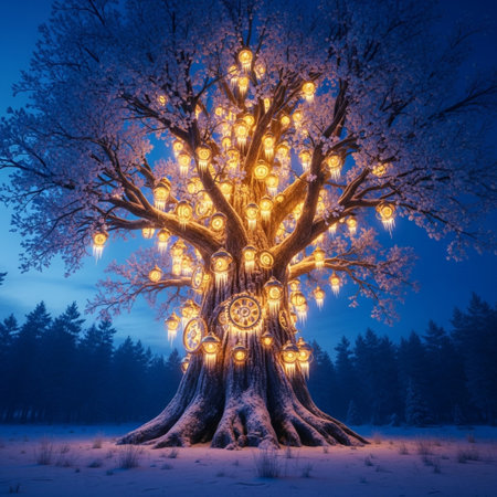 Beautiful fairy-tale tree with lanterns in the winter forestの素材
