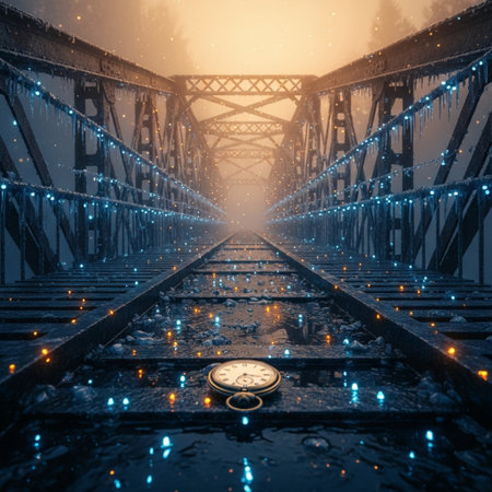 The old railway bridge in the fog with golden coins. 3D renderingの素材