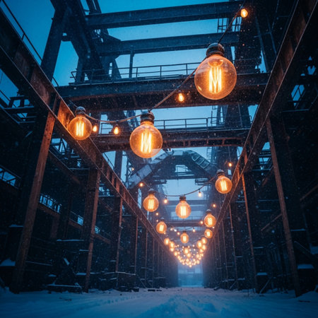 Vintage light bulbs on the construction of an old factory in winterの素材