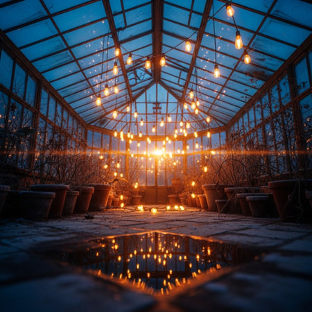 Greenhouse interior with light bulbs on the roof and reflection in the waterの素材