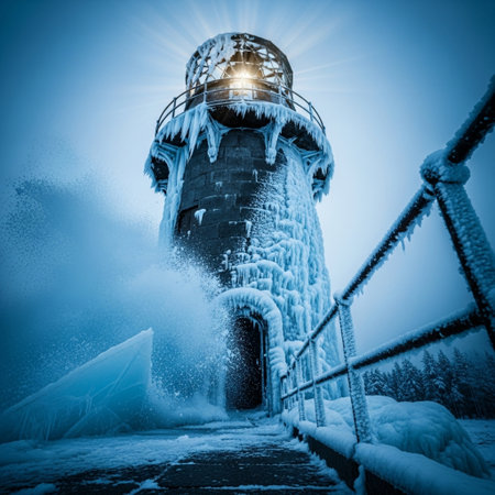 Frozen lighthouse in winter. Blue toned. Toned.の素材