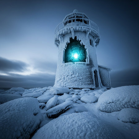 Lighthouse in the snow at night. Beautiful winter landscape with a lighthouse.の素材