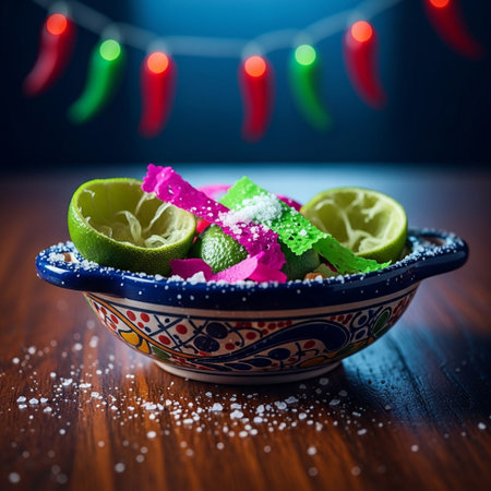 Lime slices with sugar in bowl on wooden table, selective focusの素材